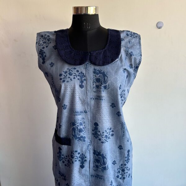Ash Grey Floral Printed Pure Cotton Peter Pan Collar Long Zip Sleeveless Feeding Nighty