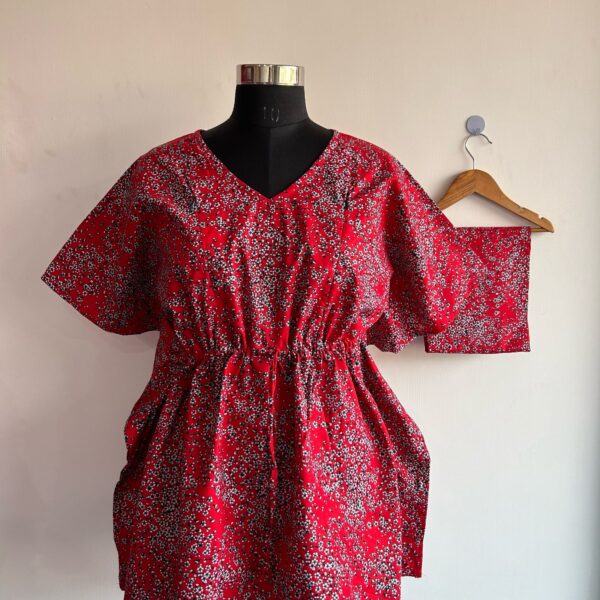 Red Floral Printed Pure Cotton Kaftan Loungewear Pyjama Set