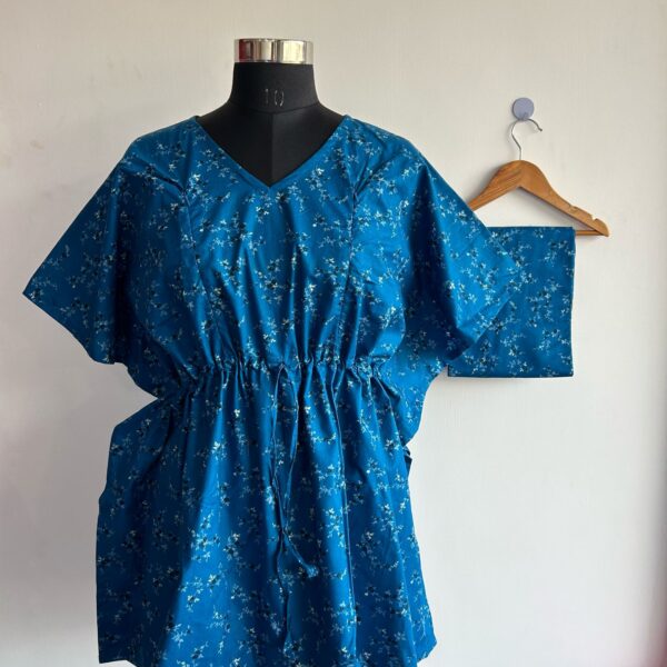 Blue Floral Printed Pure Cotton Kaftan Loungewear Pyjama Set
