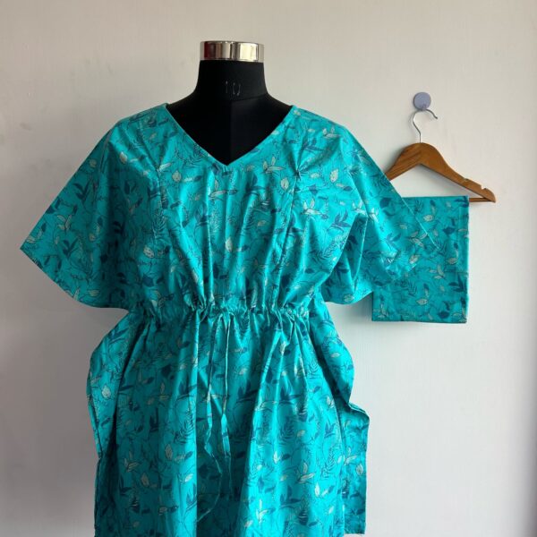 Aqua Blue Printed Pure Cotton Kaftan Loungewear Pyjama Set