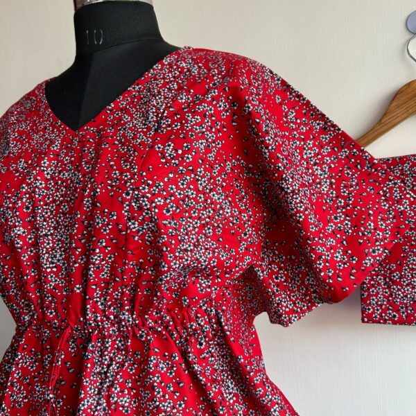 Red Floral Printed Pure Cotton Kaftan Loungewear Pyjama Set - Image 2