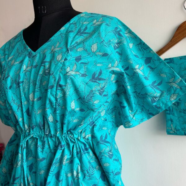 Aqua Blue Printed Pure Cotton Kaftan Loungewear Pyjama Set - Image 2