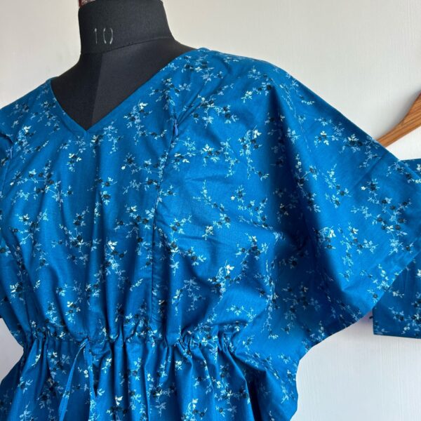 Blue Floral Printed Pure Cotton Kaftan Loungewear Pyjama Set - Image 2