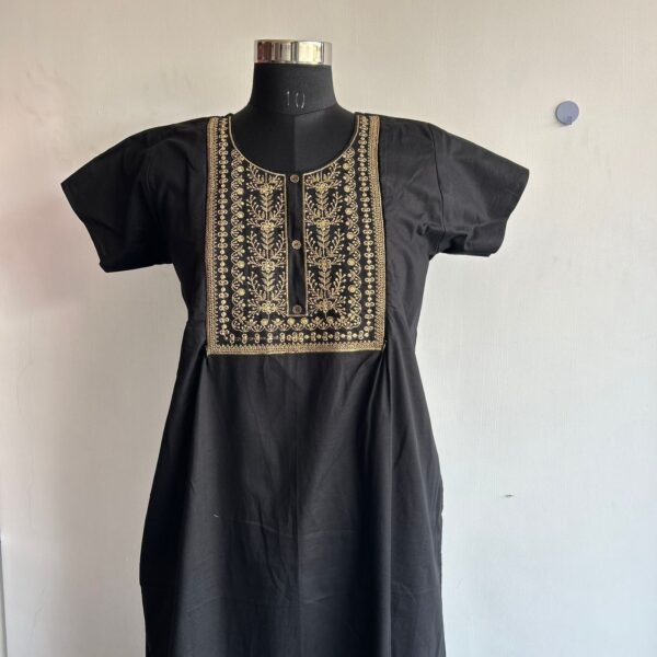 Black Golden Thread Embroidery Aline Cut Vertical Zip Feeding Nighty