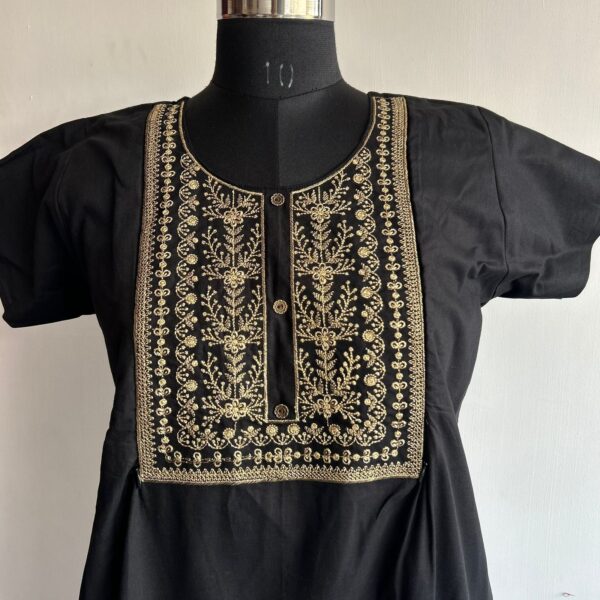 Black Golden Thread Embroidery Aline Cut Vertical Zip Feeding Nighty - Image 3