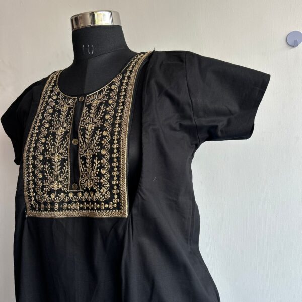 Black Golden Thread Embroidery Aline Cut Vertical Zip Feeding Nighty - Image 2