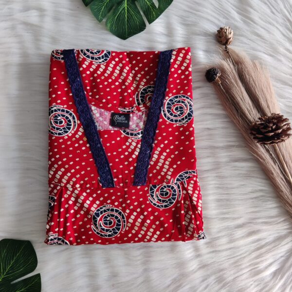 Red Printed Gujari Cotton Two Side Vertical Zip Lace Nighty