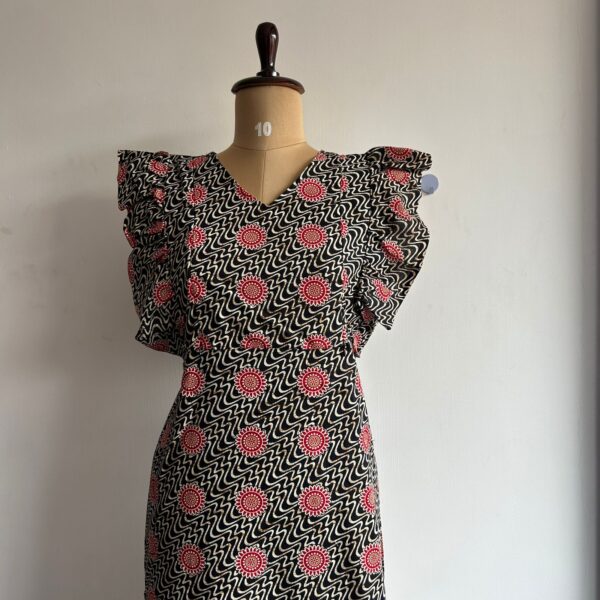 Red Floral Printed Navy-Blue Gujari Cotton Ruffle Sleeve Short Maternity Gown