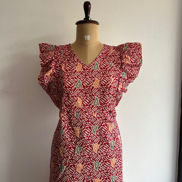 Red Kalamkari Printed Gujari Cotton Ruffle Sleeve Short Maternity Gown