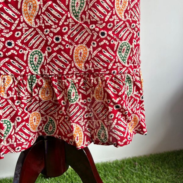 Red Kalamkari Printed Gujari Cotton Ruffle Sleeve Short Maternity Gown - Image 3