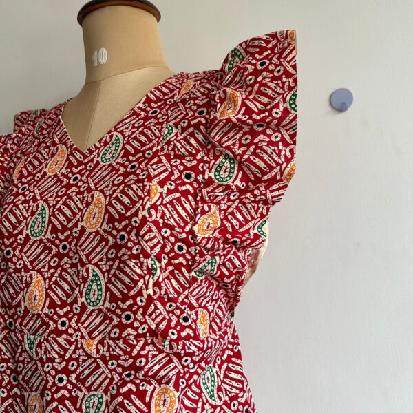 Red Kalamkari Printed Gujari Cotton Ruffle Sleeve Short Maternity Gown - Image 2