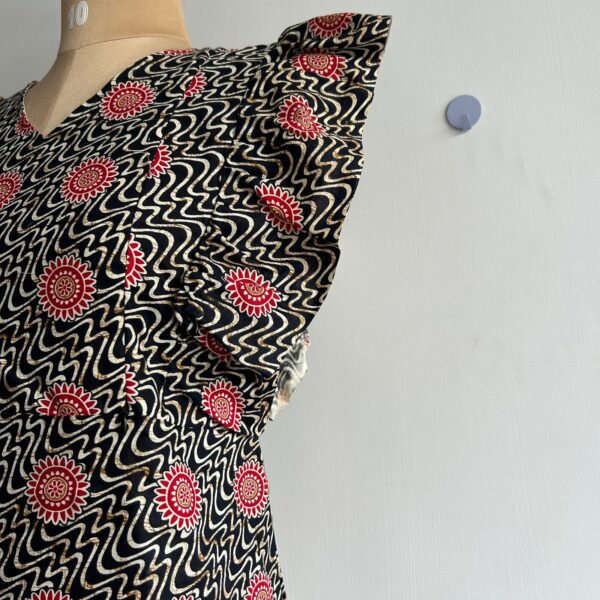 Red Floral Printed Navy-Blue Gujari Cotton Ruffle Sleeve Short Maternity Gown - Image 2