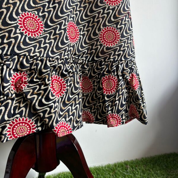 Red Floral Printed Navy-Blue Gujari Cotton Ruffle Sleeve Short Maternity Gown - Image 3