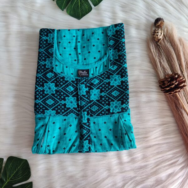 Black And Aqua Blue Printed Pleated Vertical Zip Feeding Nighty
