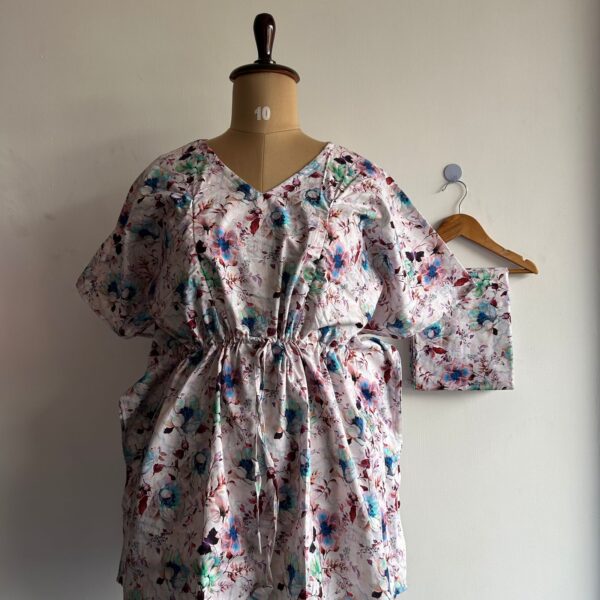 Blue Floral Printed White Pure Cotton Kaftan Loungewear Pyjama Set