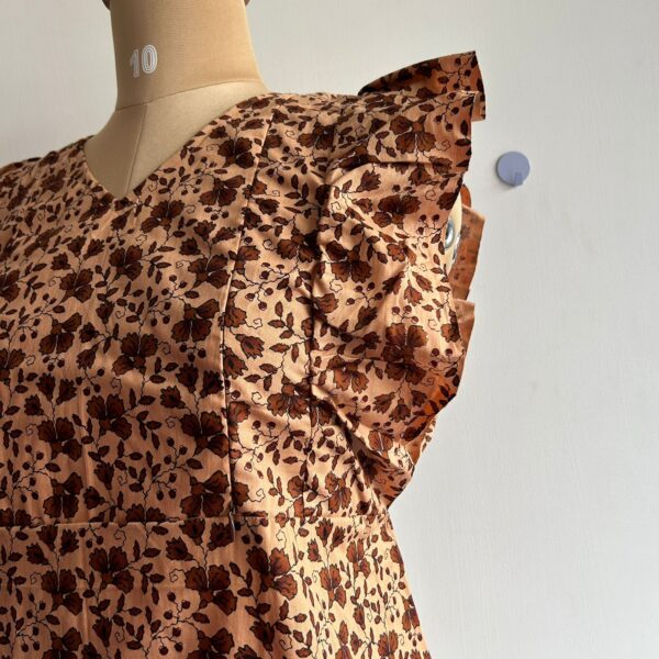 Brown Floral Printed Premium Cotton Ruffle Sleeve Short Maternity Gown - Image 2
