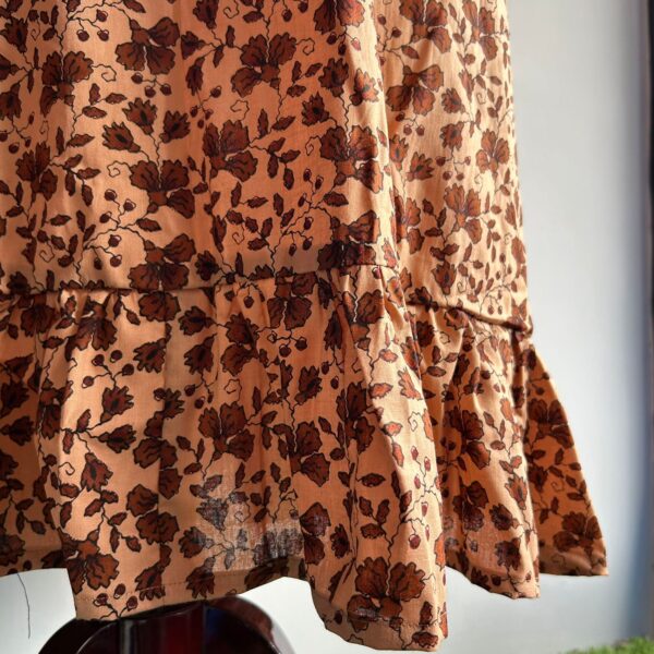 Brown Floral Printed Premium Cotton Ruffle Sleeve Short Maternity Gown - Image 3