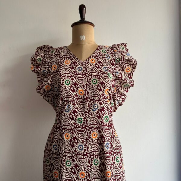 Maroon Kalamkari Printed Gujari Cotton Ruffle Sleeve Short Maternity Gown