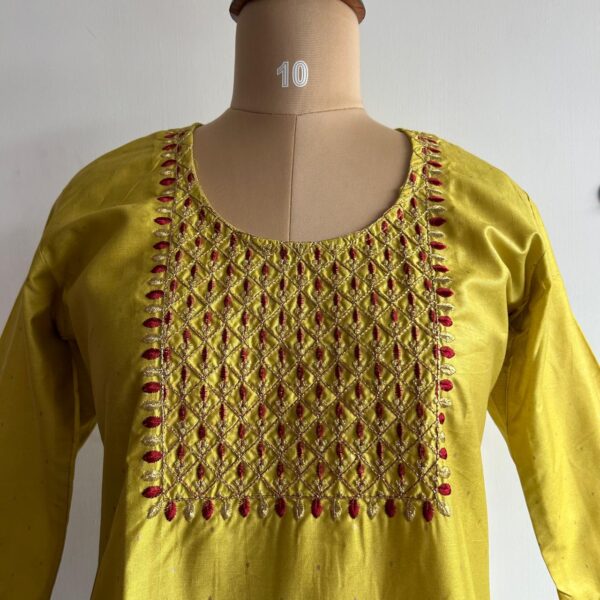 Lemon Yellow Embroidery Kurti - Image 3