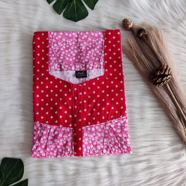Red And Pink Floral Printed Premium Cotton Square Neck Pleated Nighty
