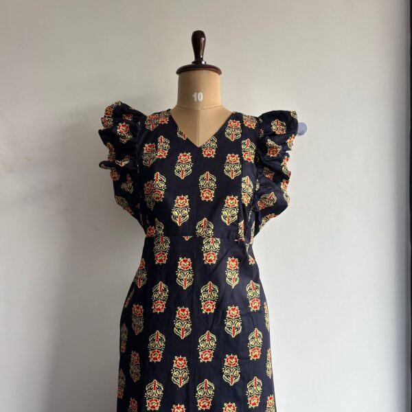 Navy-Blue Floral Printed Premium Cotton Ruffle Sleeve Short Maternity Gown