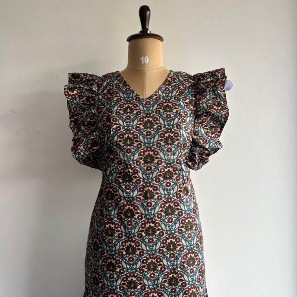 Green And Brown Floral Printed Premium Cotton Ruffle Sleeve Short Maternity Gown