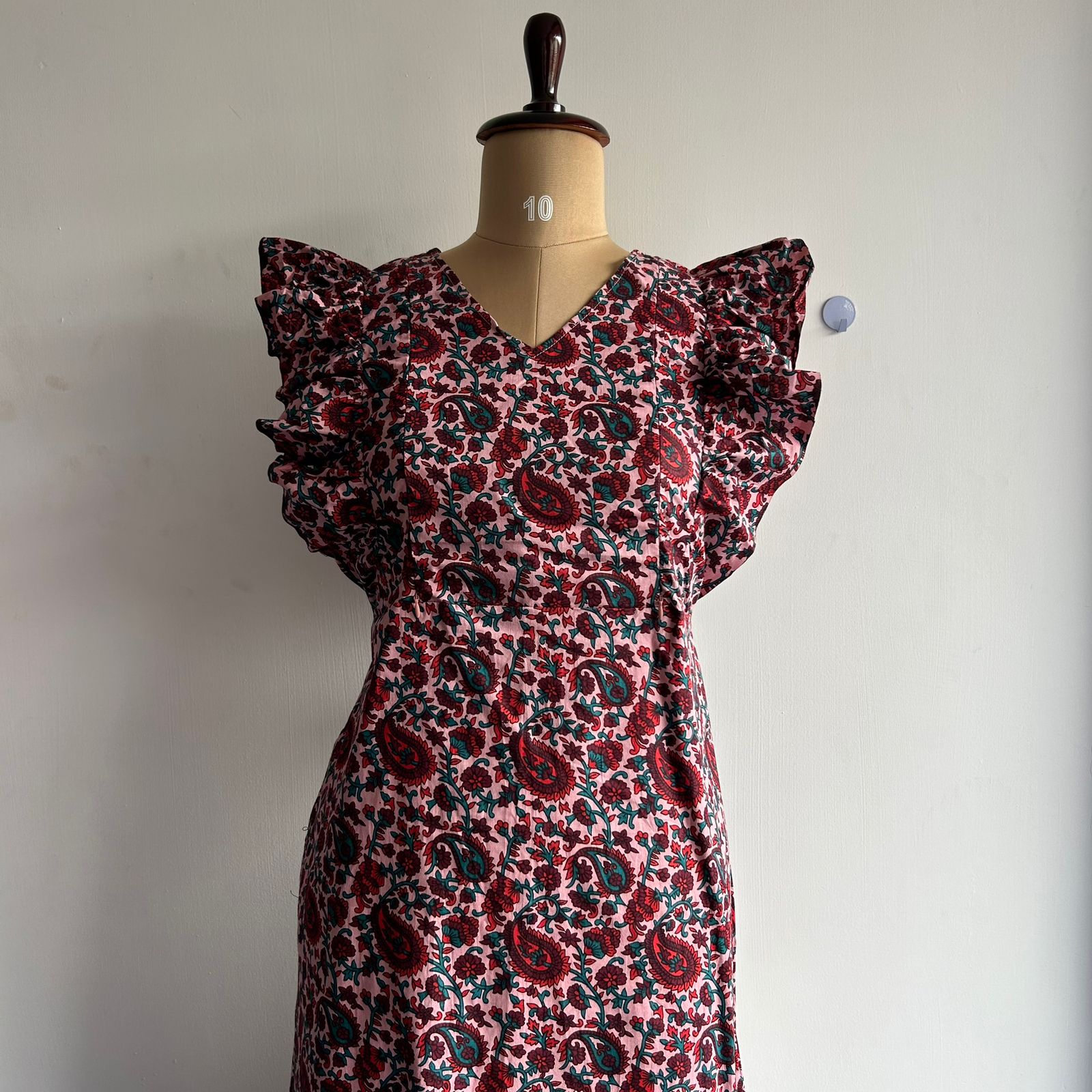 Pink And Red Floral Printed Premium Cotton Ruffle Sleeve Short Maternity Gown