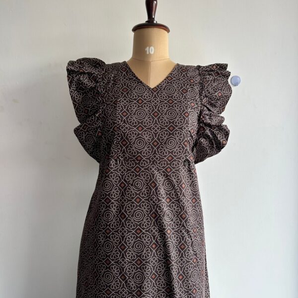 Coffee Brown Bandhani Printed Premium Cotton Ruffle Sleeve Short Maternity Gown