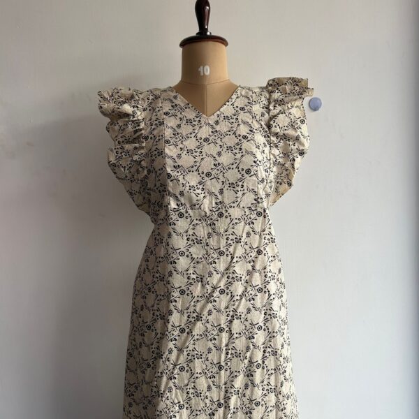 Cream Floral Printed Premium Cotton Ruffle Sleeve Short Maternity Gown