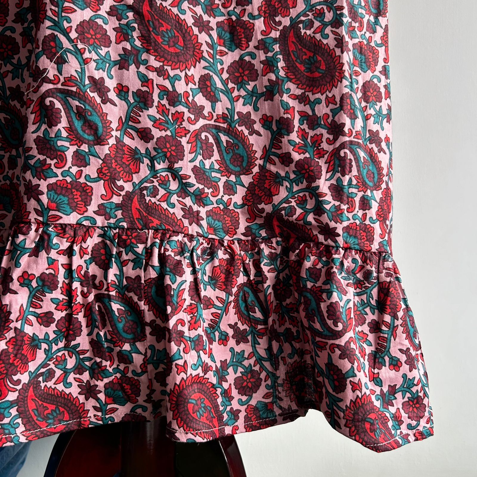 Pink And Red Floral Printed Premium Cotton Ruffle Sleeve Short Maternity Gown - Image 3