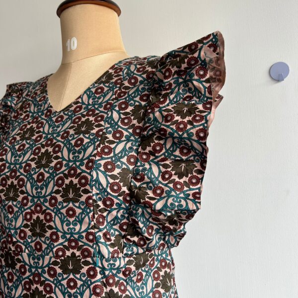 Green And Brown Floral Printed Premium Cotton Ruffle Sleeve Short Maternity Gown - Image 2