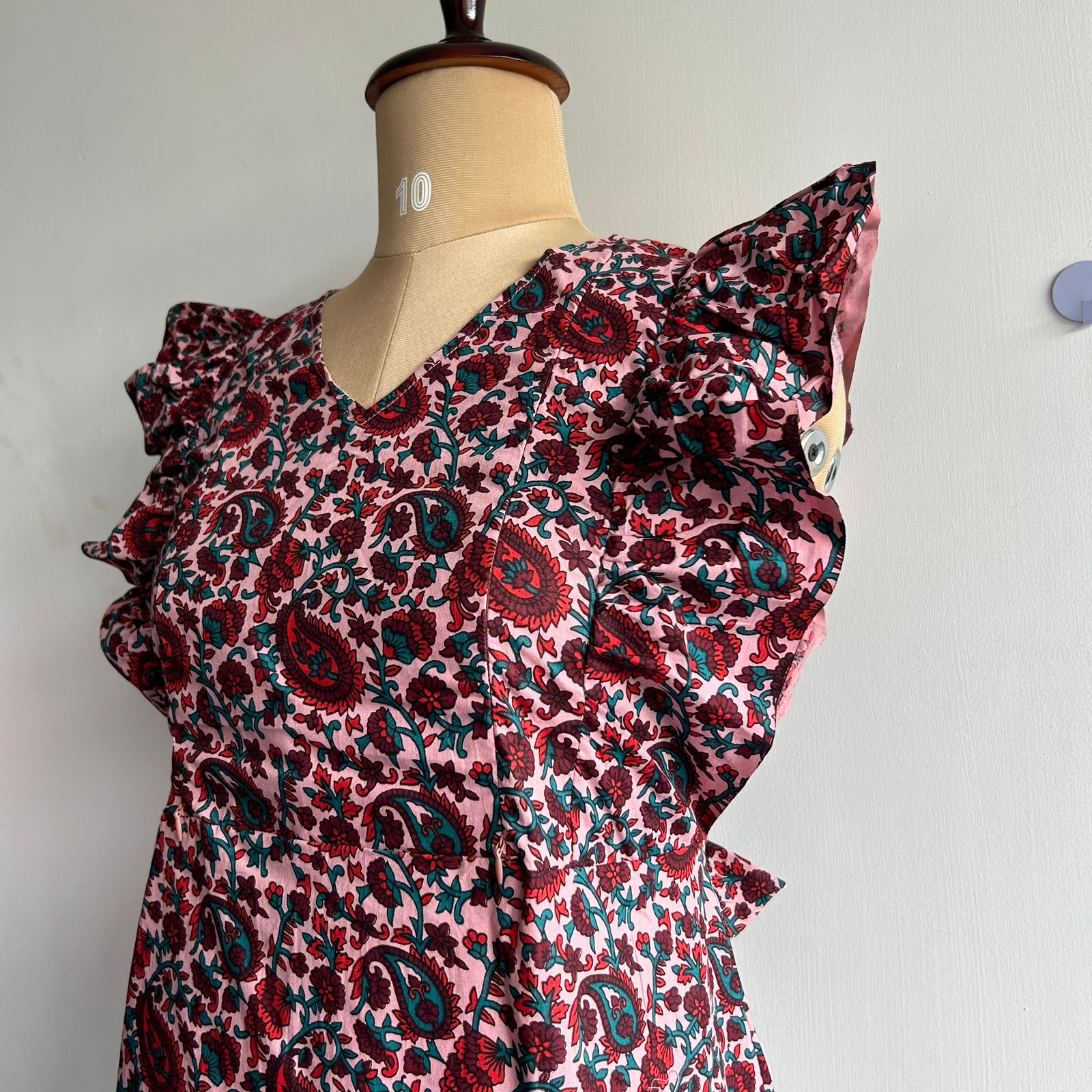 Pink And Red Floral Printed Premium Cotton Ruffle Sleeve Short Maternity Gown - Image 2