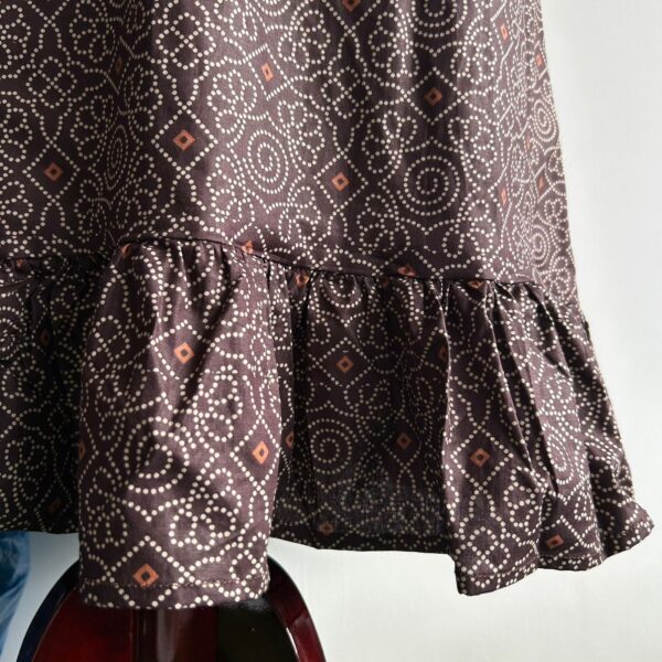 Coffee Brown Bandhani Printed Premium Cotton Ruffle Sleeve Short Maternity Gown - Image 3
