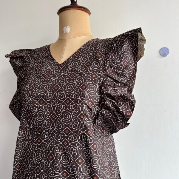 Coffee Brown Bandhani Printed Premium Cotton Ruffle Sleeve Short Maternity Gown - Image 2