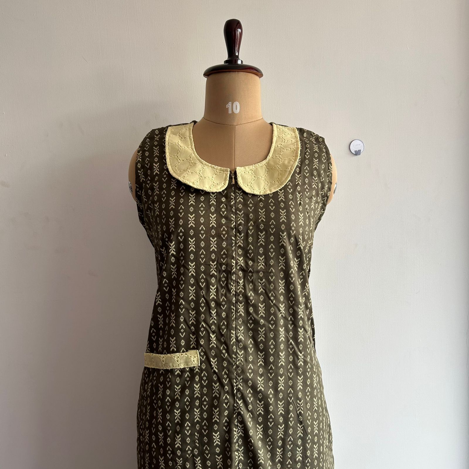 Olive Green Ikat Printed Premium Rayon Peter Pan Collar Long Zip Sleeveless Feeding Nighty | Attaching Sleeve Available