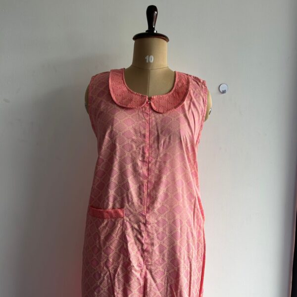 Pale Peach Printed Premium Rayon Peter Pan Collar Long Zip Sleeveless Feeding Nighty | Attaching Sleeve Available