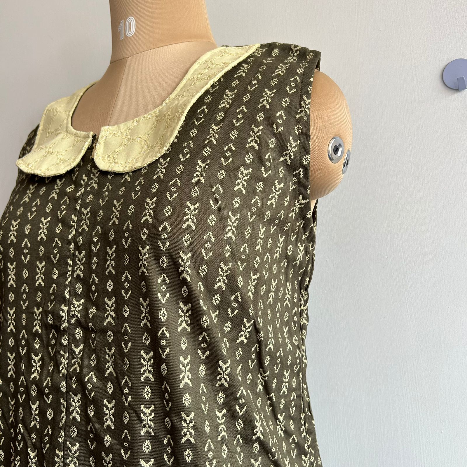 Olive Green Ikat Printed Premium Rayon Peter Pan Collar Long Zip Sleeveless Feeding Nighty | Attaching Sleeve Available - Image 4