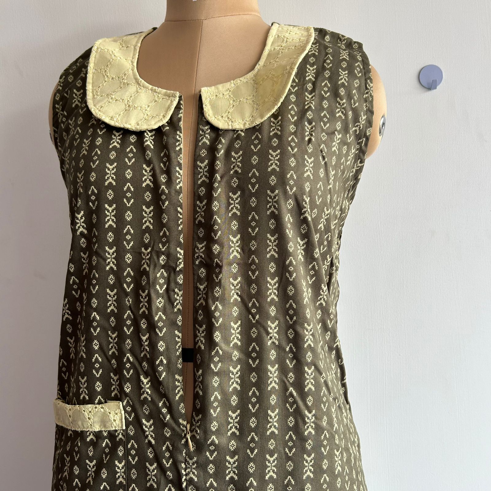 Olive Green Ikat Printed Premium Rayon Peter Pan Collar Long Zip Sleeveless Feeding Nighty | Attaching Sleeve Available - Image 2