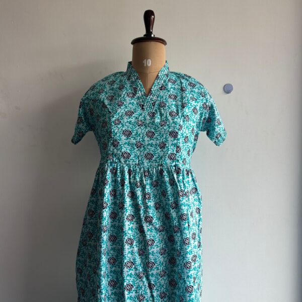 Aqua Blue Floral Printed Premium Cotton V Collar Neck Short Maternity Gown