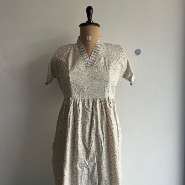 Beige Floral Printed Premium Cotton V Collar Neck Short Maternity Gown
