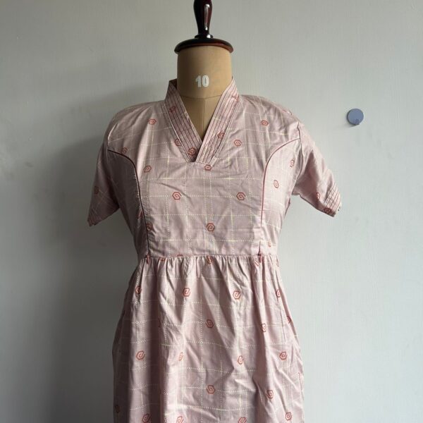 Pastel Pink Printed Premium Cotton V Collar Neck Short Maternity Gown