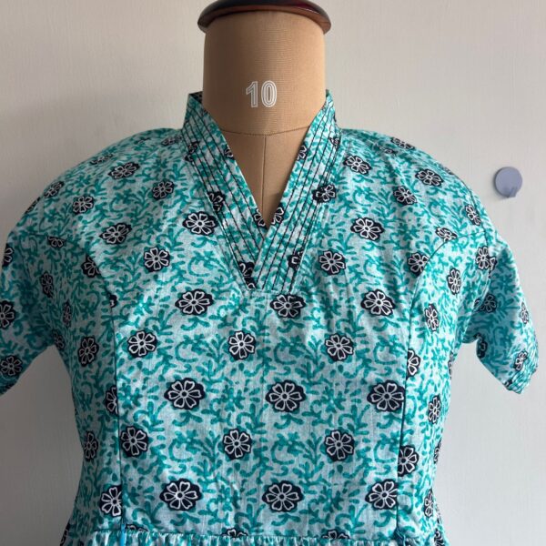 Aqua Blue Floral Printed Premium Cotton V Collar Neck Short Maternity Gown - Image 2