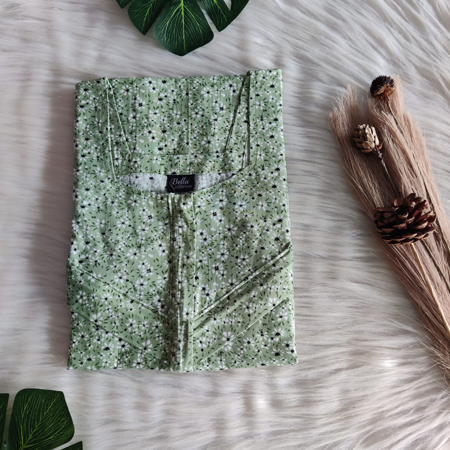 Green Floral Printed Premium Cotton Horizontal Zip Feeding Nighty