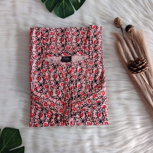 Red And Orange Floral Printed Premium Cotton Horizontal Zip Feeding Nighty | Free Size | Chest Width 44″| Length 54″-56″|