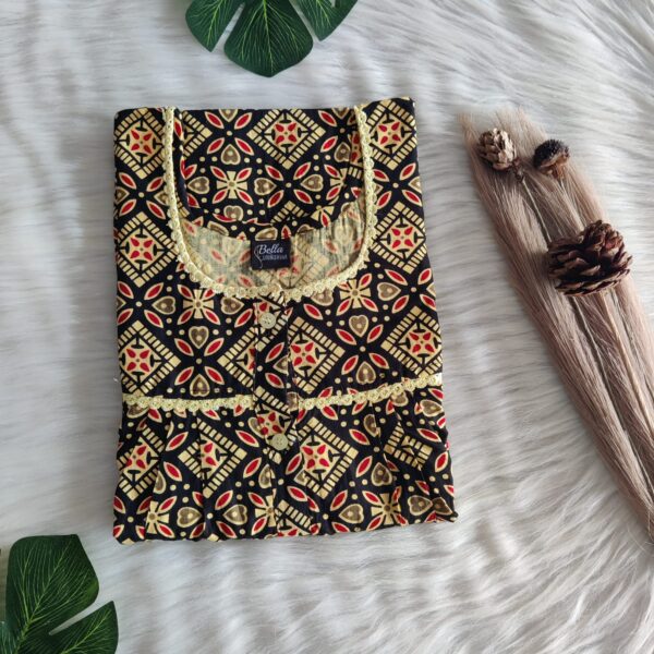 Black Ajrakh Printed Premium Cotton Lace Button Nighty | Free Size | Chest Width 44″| Length 54″-56″|