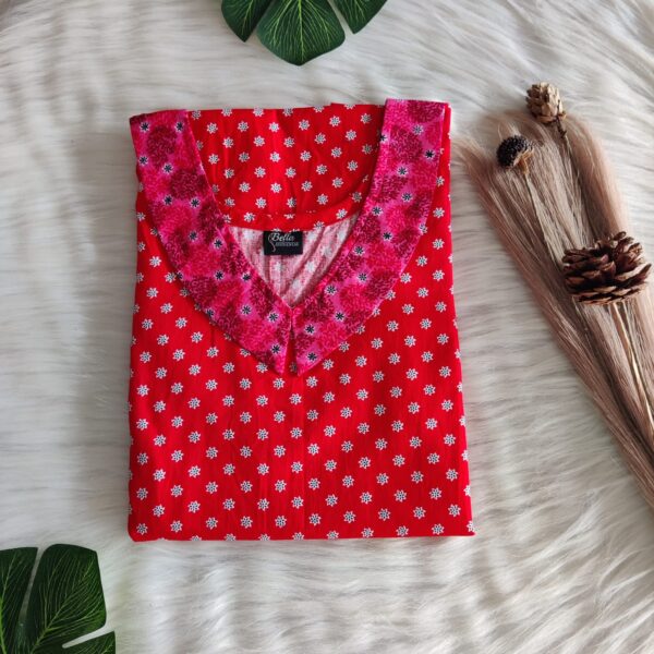 Pink And Red Floral Printed Premium Cotton Peter Pan Collar Nighty | Free Size | Chest Width 44″| Length 55″-56″|