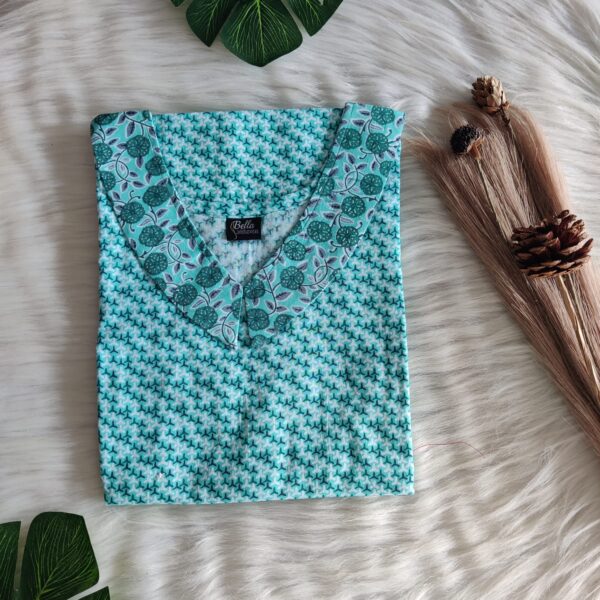 Aqua Green And White Printed Premium Cotton Peter Pan Collar Nighty | Free Size | Chest Width 44″| Length 55″-56″|