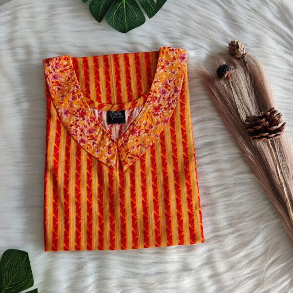 Orange And Red Stripes Printed Premium Cotton Peter Pan Collar Nighty | Free Size | Chest Width 44″| Length 55″-56″|