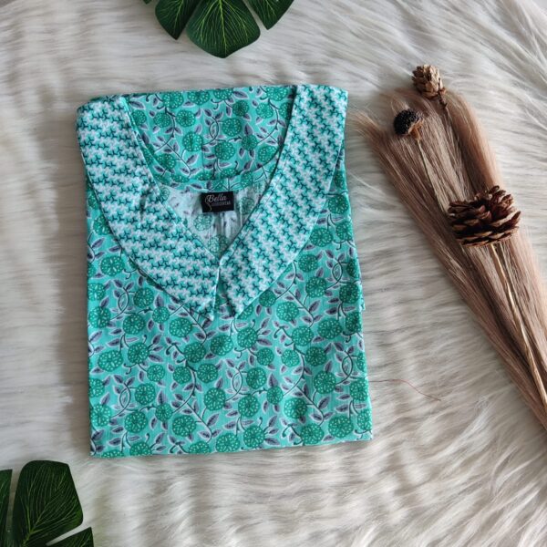 White And Aqua Green Floral Printed Premium Cotton Peter Pan Collar Nighty | Free Size | Chest Width 44″| Length 55″-56″|
