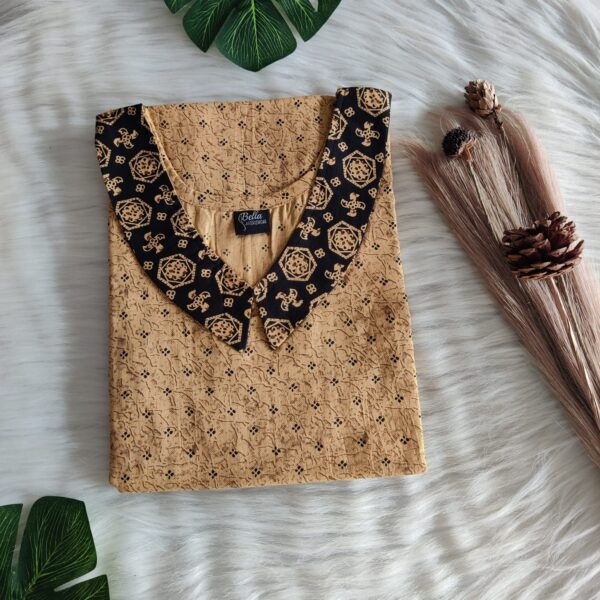 Black And Cream Printed Premium Cotton Peter Pan Collar Nighty | Free Size | Chest Width 44″| Length 55″-56″|